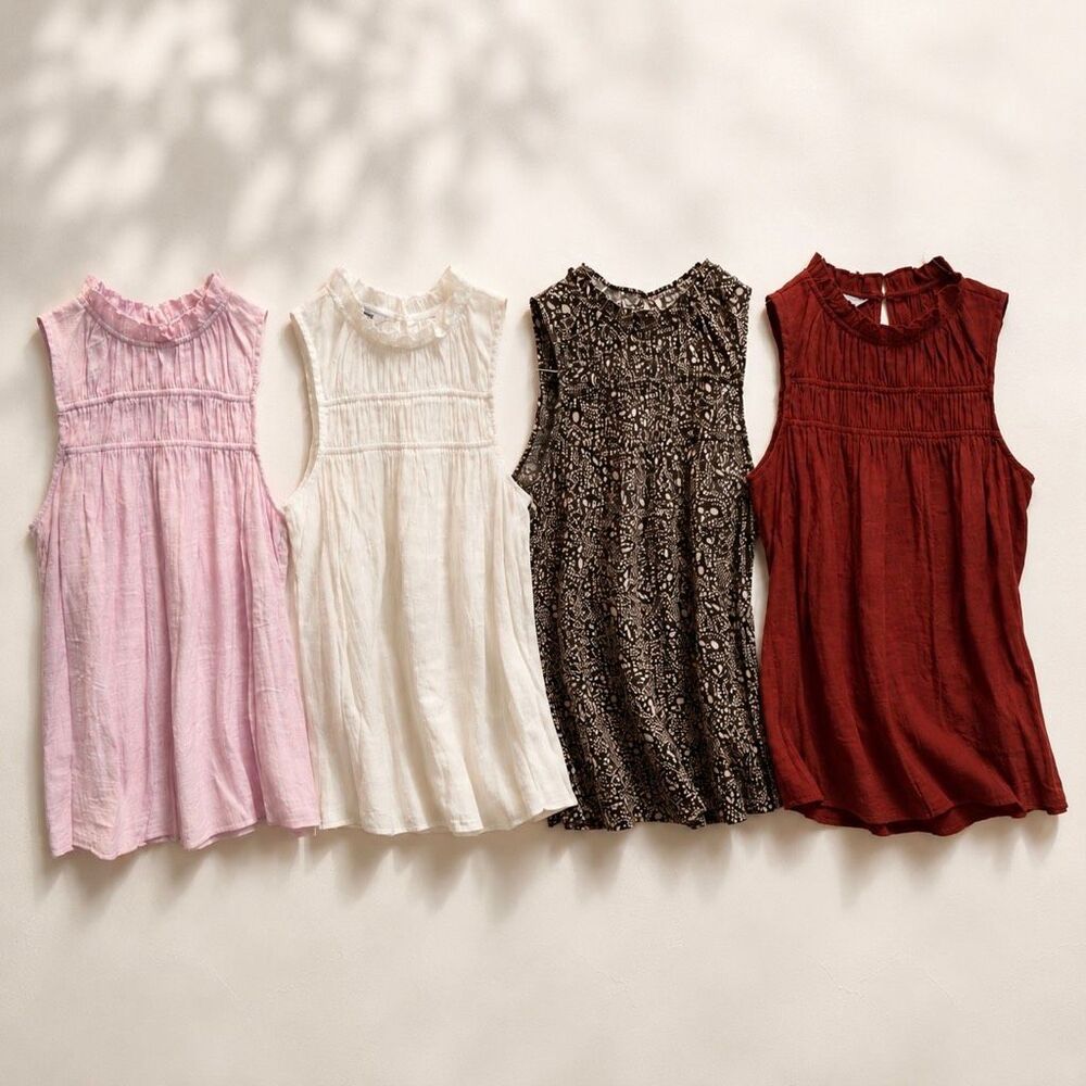 4 Nine West High Neck Smocked Tank Tops Airy Breezy Summer Sleeveless Blouse Lot